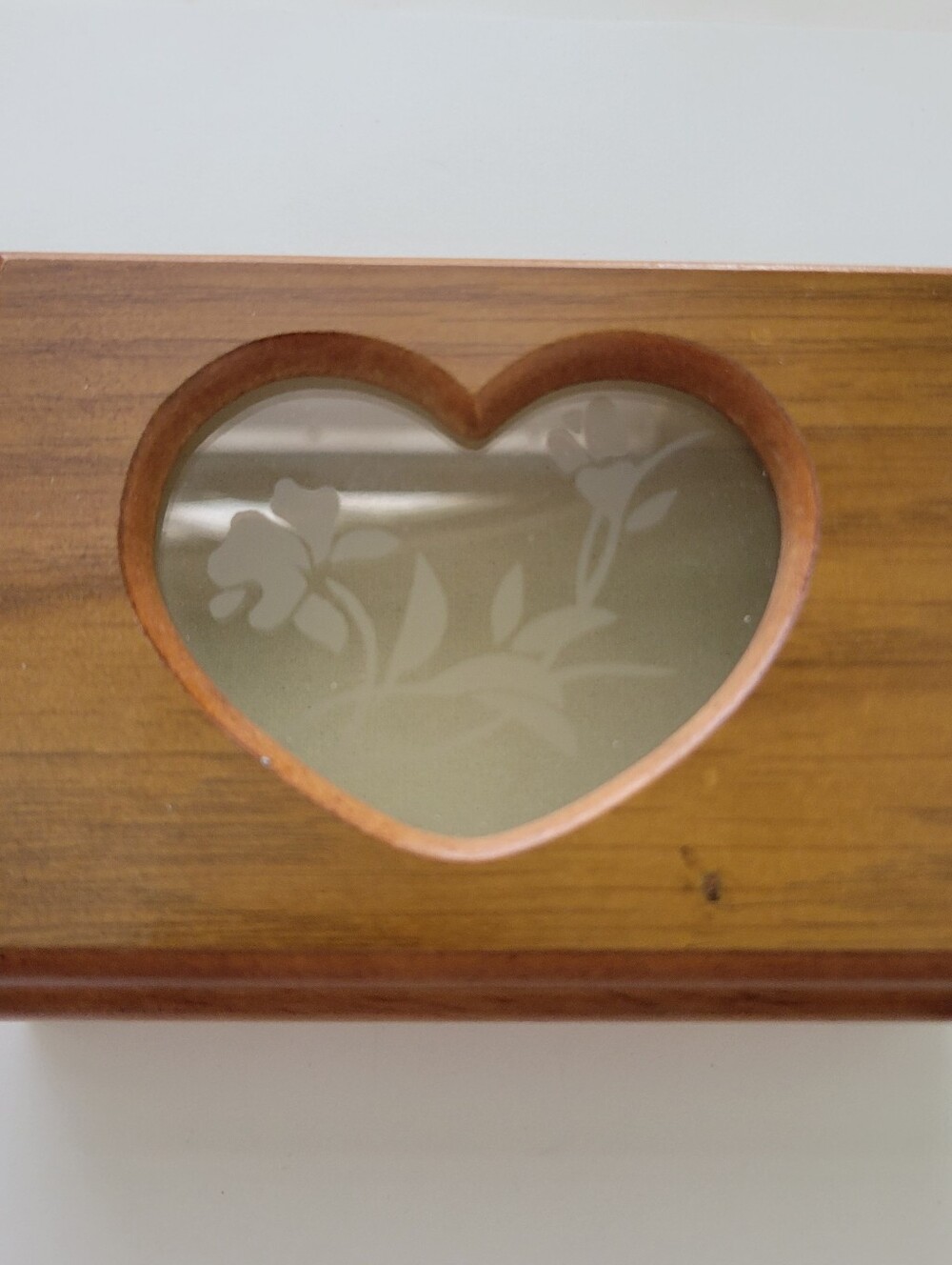 Vintage Wooden Heart Jewelry Box Trinket Container Storage Glass Floral